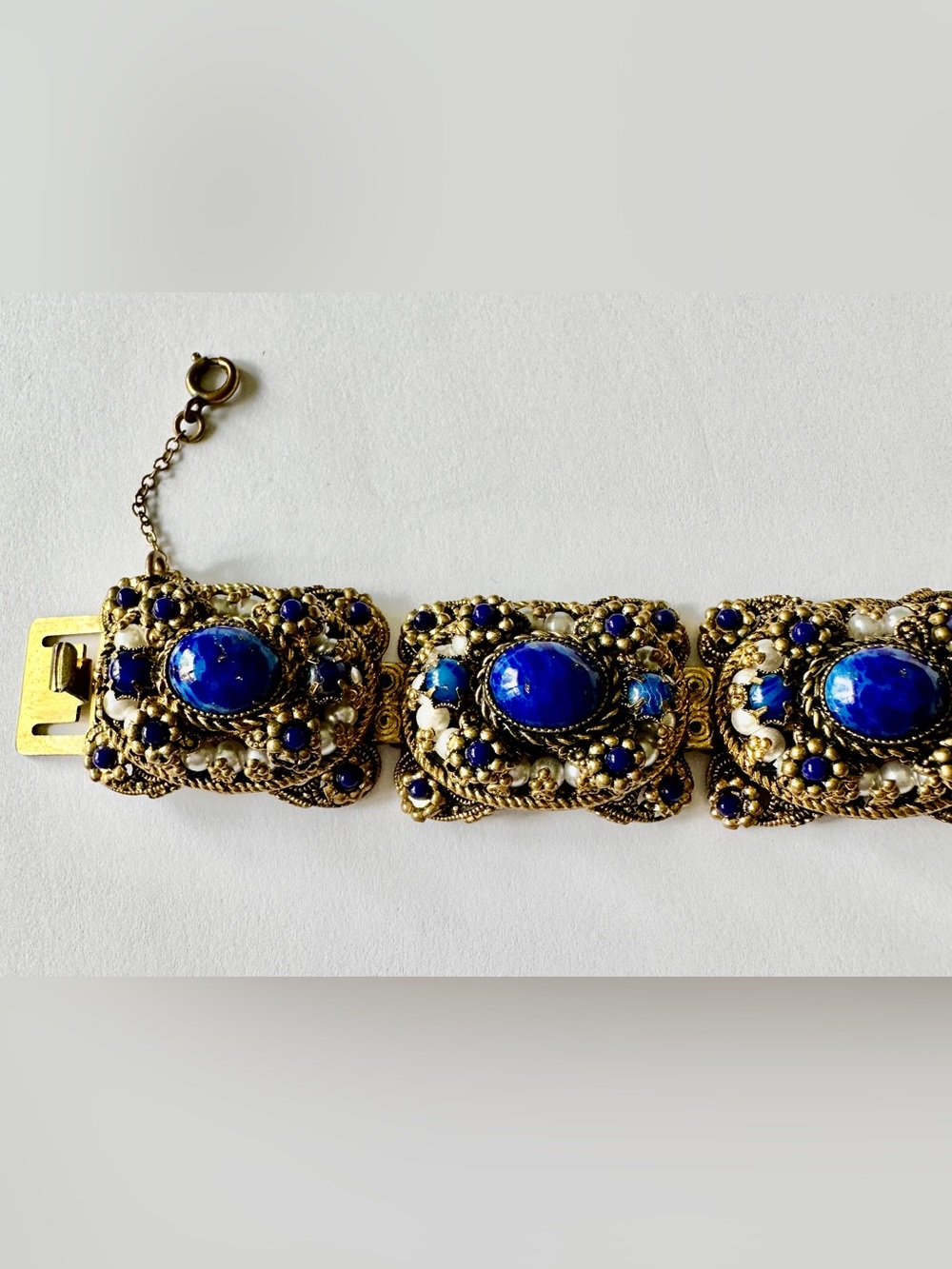 Vintage-Inspired Victorian Revival Gold Bracelet with Blue Cabochon Accents